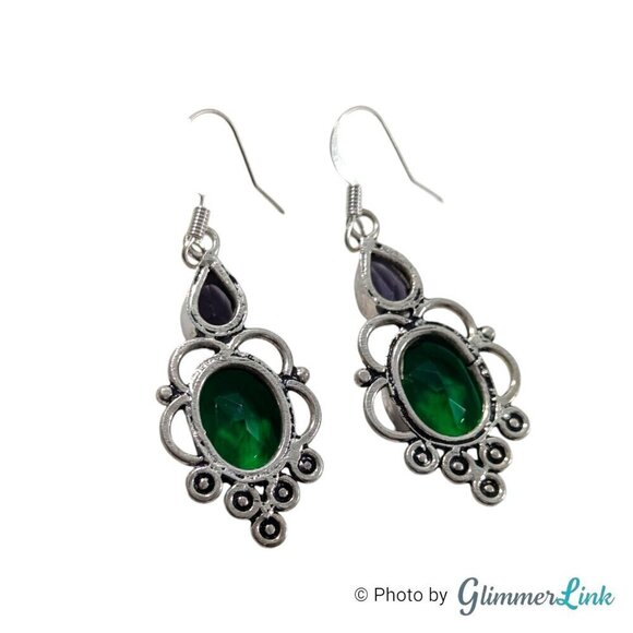 Purple & Green Faceted Glass Stone Silver Tone Pierced Dangle Earrings - Picture 9 of 10
